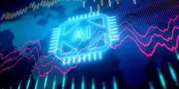 AI chip with rising stock market graph symbolizing the future of global capital markets driven by artificial intelligence and technology
