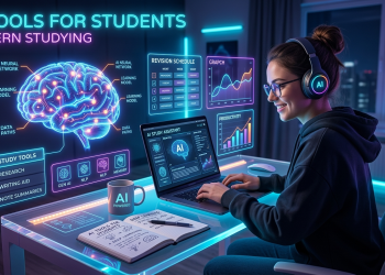 Student using AI-powered study tools on a laptop in a futuristic digital workspace with glowing analytics, revision schedules, and interactive learning dashboards.