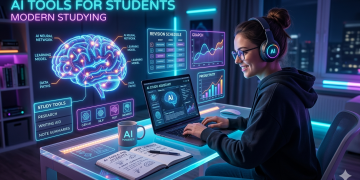 Student using AI-powered study tools on a laptop in a futuristic digital workspace with glowing analytics, revision schedules, and interactive learning dashboards.