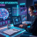 Student using AI-powered study tools on a laptop in a futuristic digital workspace with glowing analytics, revision schedules, and interactive learning dashboards.