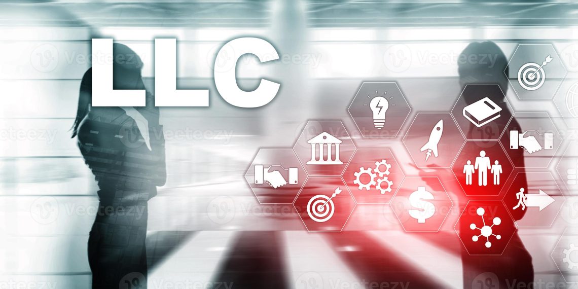 Business-themed illustration showing the letters 'LLC' with silhouettes of people and hexagonal icons representing ideas, finance, growth, and teamwork.