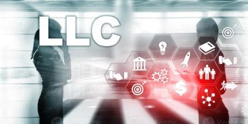 Business-themed illustration showing the letters 'LLC' with silhouettes of people and hexagonal icons representing ideas, finance, growth, and teamwork.