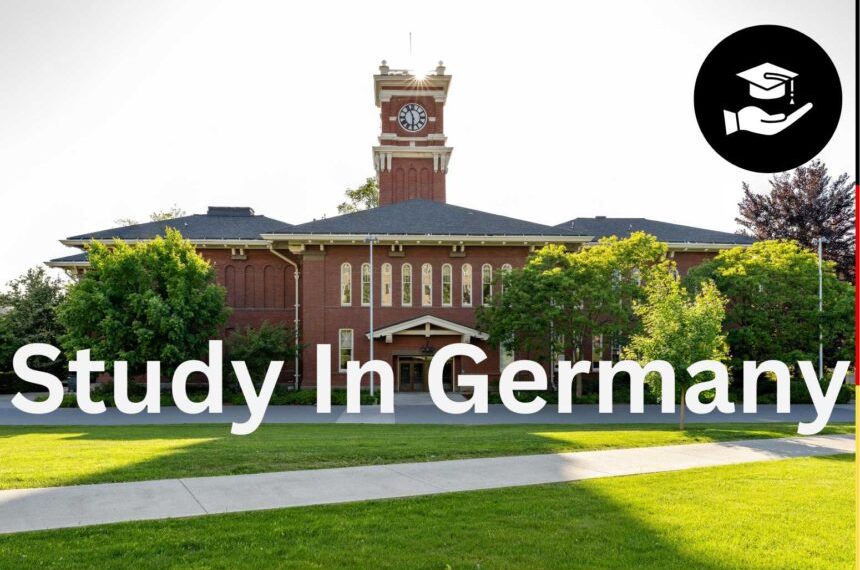 alt="Beautiful historic university campus in Germany with clock tower and green lawns, ideal for international students in 2026"