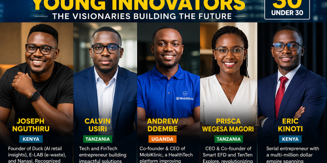 Collage featuring East African young entrepreneurs and innovators including Joseph Nguthiru, Calvin Usiri, Andrew Ddembe, Prisca Wegesa Magori, and Eric Kinoti under the theme “East Africa’s Young Innovators.”