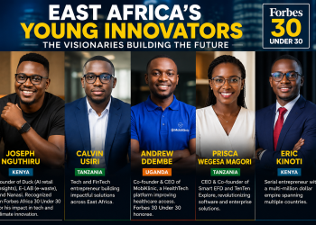 Collage featuring East African young entrepreneurs and innovators including Joseph Nguthiru, Calvin Usiri, Andrew Ddembe, Prisca Wegesa Magori, and Eric Kinoti under the theme “East Africa’s Young Innovators.”