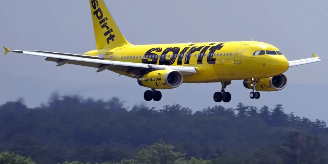 Spirit Airlines airplane in bright yellow livery descending for landing with landing gear deployed