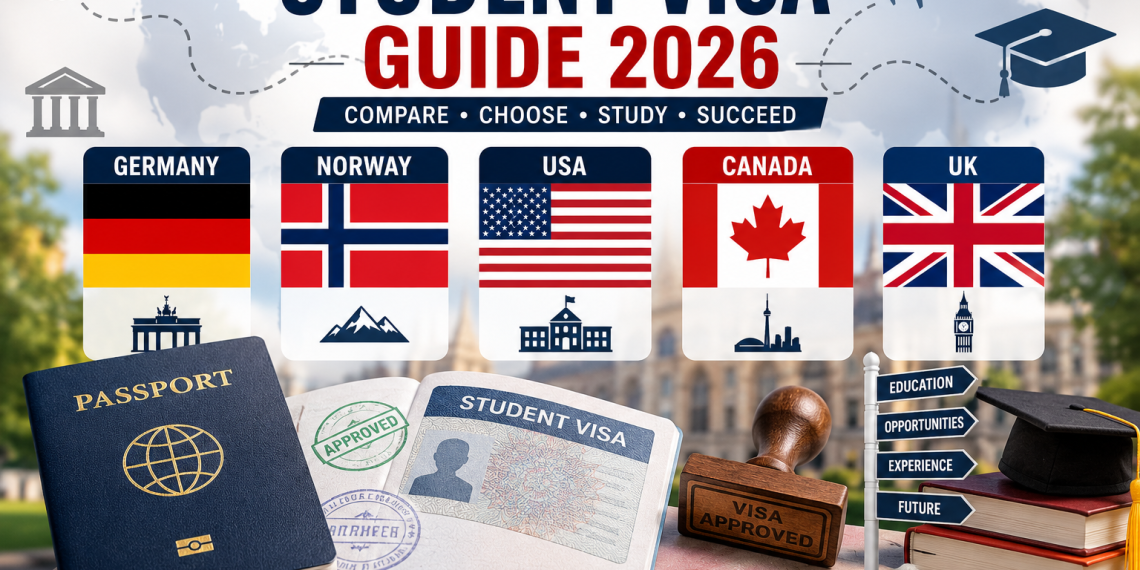Student Visa Guide 2026 comparing Germany, Norway, USA, Canada, and the UK.