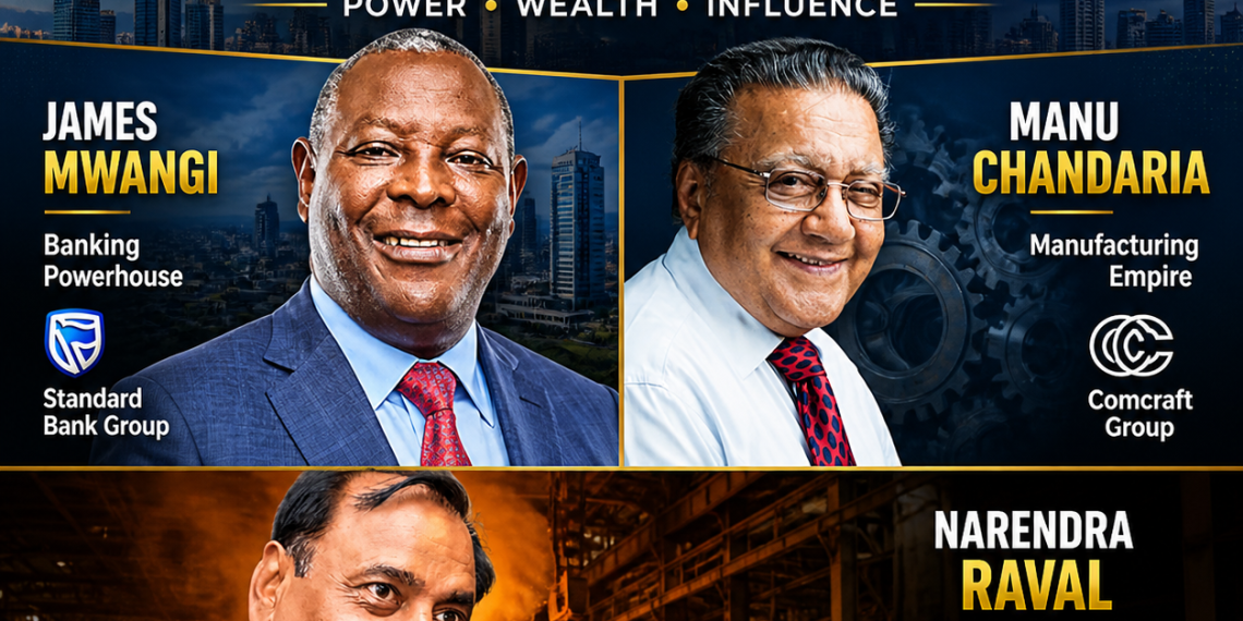 top business tycoons in Kenya 2026 featuring James Mwangi, Manu Chandaria, and Narendra Raval with corporate and industrial backgrounds