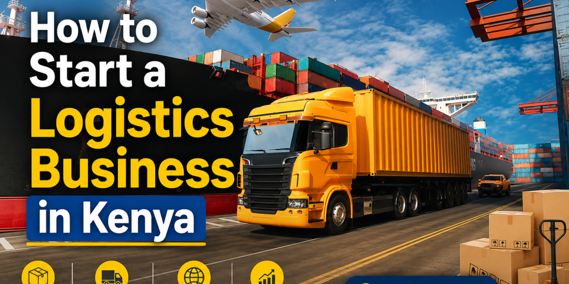 Cargo truck, cargo ship, shipping containers, and airplane representing Kenya’s logistics industry with text “How to Start a Logistics Business in Kenya”