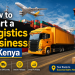 Cargo truck, cargo ship, shipping containers, and airplane representing Kenya’s logistics industry with text “How to Start a Logistics Business in Kenya”