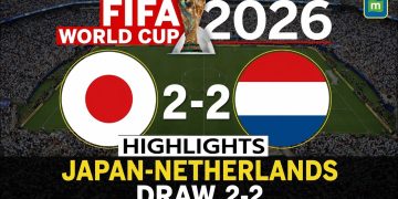 alt="Netherlands vs Japan 2-2 draw highlights graphic, FIFA World Cup 2026 match result at Dallas Stadium"