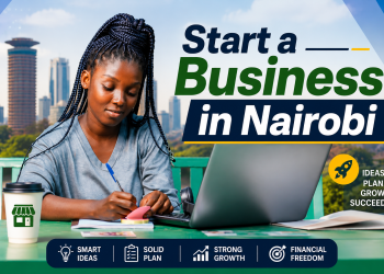 Young entrepreneur working on business planning with a laptop and notebook in Nairobi, featuring the text “Start a Business in Nairobi”