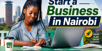 Young entrepreneur working on business planning with a laptop and notebook in Nairobi, featuring the text “Start a Business in Nairobi”