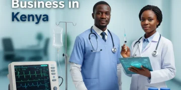 African healthcare professionals reviewing medical data in a hospital with medical equipment and text “Start a Healthcare Business in Kenya”