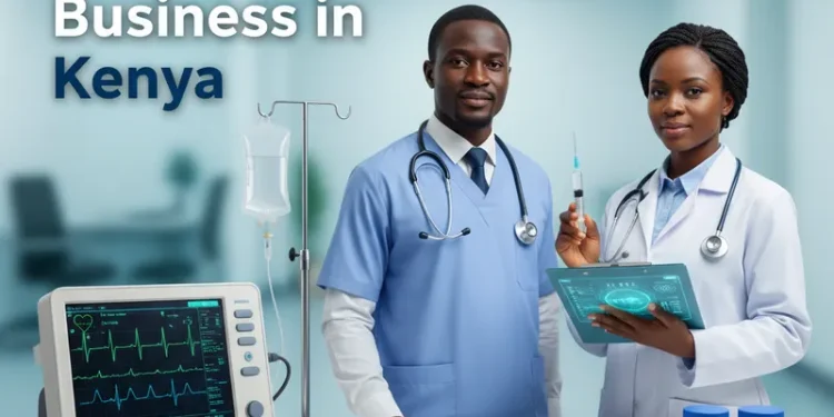 African healthcare professionals reviewing medical data in a hospital with medical equipment and text “Start a Healthcare Business in Kenya”
