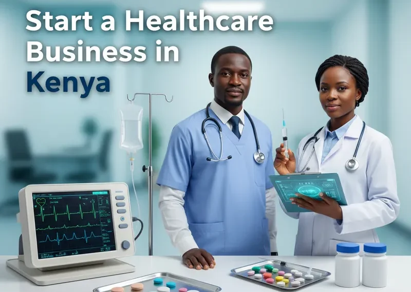 African healthcare professionals reviewing medical data in a hospital with medical equipment and text “Start a Healthcare Business in Kenya”