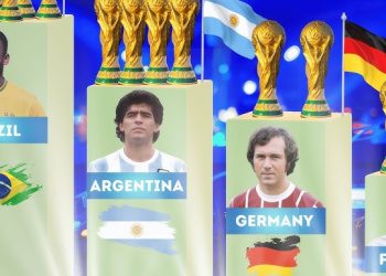 alt="FIFA World Cup Trophy displayed on the field in a grand stadium"