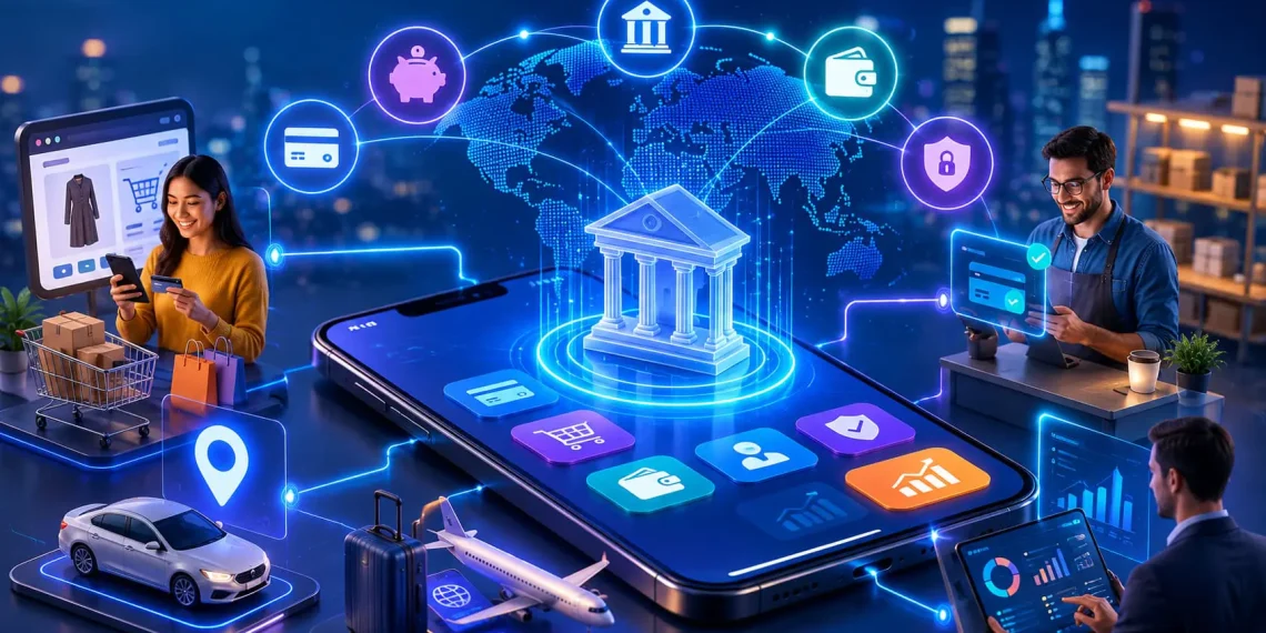 alt="Embedded finance illustration showing seamless integration of banking services into everyday platforms, shopping, travel, and business in 2026"