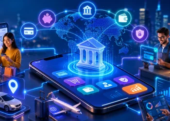 alt="Embedded finance illustration showing seamless integration of banking services into everyday platforms, shopping, travel, and business in 2026"