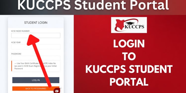 KUCCPS Student Portal 2026 - Login screen showing KCSE index number and application process for university placement in Kenya