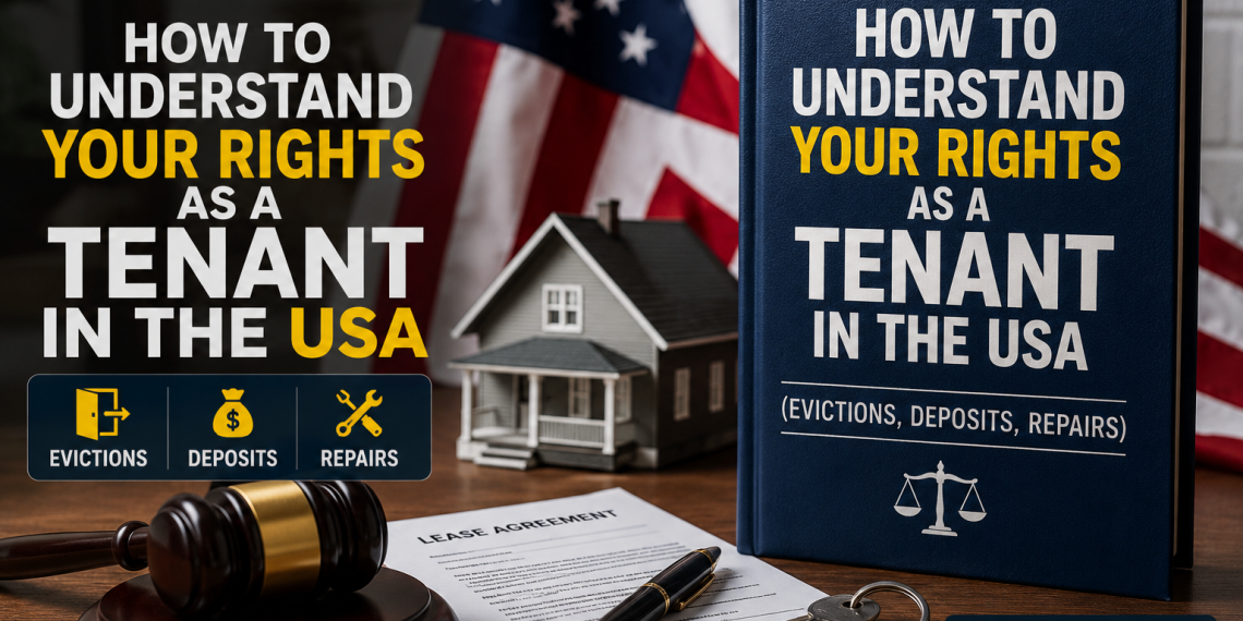 How to understand your rights as a tenant in the USA - illustrated guide showing evictions, deposits, and repairs with legal symbols and American flag