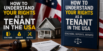 How to understand your rights as a tenant in the USA - illustrated guide showing evictions, deposits, and repairs with legal symbols and American flag