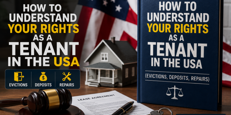 How to understand your rights as a tenant in the USA - illustrated guide showing evictions, deposits, and repairs with legal symbols and American flag
