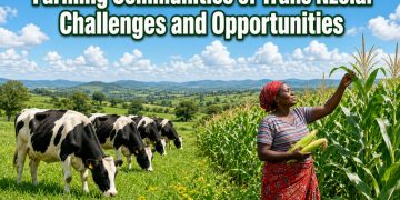 Dairy cows and a woman inspecting maize in Trans Nzoia farming communities