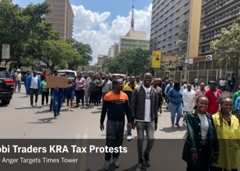 Nairobi traders marching in a street protest against KRA tax policies near high-rise buildings and police barriers