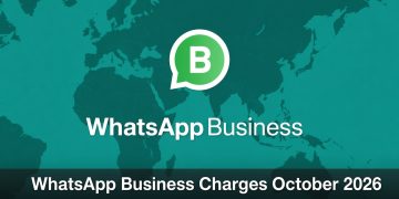 WhatsApp Business logo over a world map with text announcing WhatsApp Business Charges October 2026