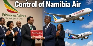 Ethiopian Airlines and Namibian officials exchange #VisitNamibia plaque with Ethiopian A350 and Air Namibia aircraft flying in the background – Ethiopian Airlines Seeks Control of Namibia Air
