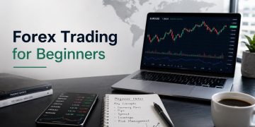 Desk setup for forex trading for beginners with laptop chart, phone quotes, and beginner notes.