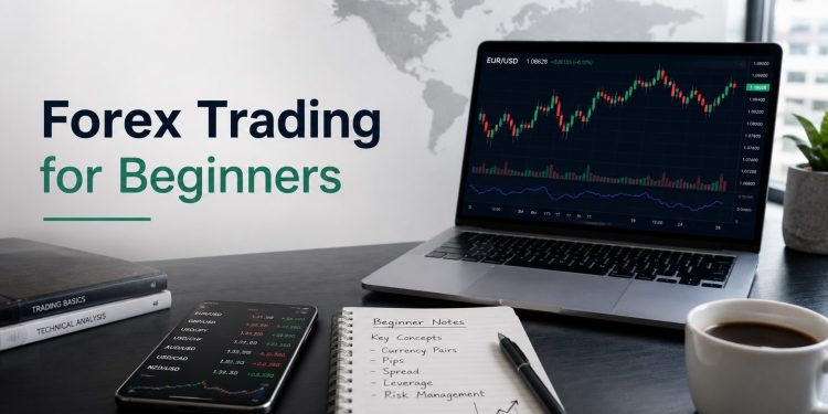 Desk setup for forex trading for beginners with laptop chart, phone quotes, and beginner notes.