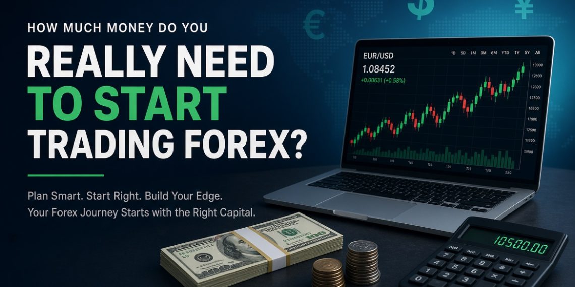 How much money to start trading forex – laptop with charts, cash and calculator on desk