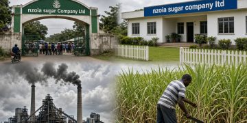 Nzoia Sugar Company entrance, office building and farmer cutting cane with text “Is Nzoia Sugar Back in Operation?” Caption: