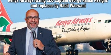 Captain George Kamal smiling with microphone in front of Kenya Airways plane, text overlay announcing his resignation and replacement by Habil Waswani