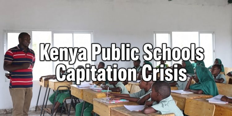 Kenyan teacher instructing primary school pupils in green uniforms inside a bright classroom with bold overlay text “Kenya Public Schools Capitation Crisis”