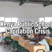 Kenyan teacher instructing primary school pupils in green uniforms inside a bright classroom with bold overlay text “Kenya Public Schools Capitation Crisis”