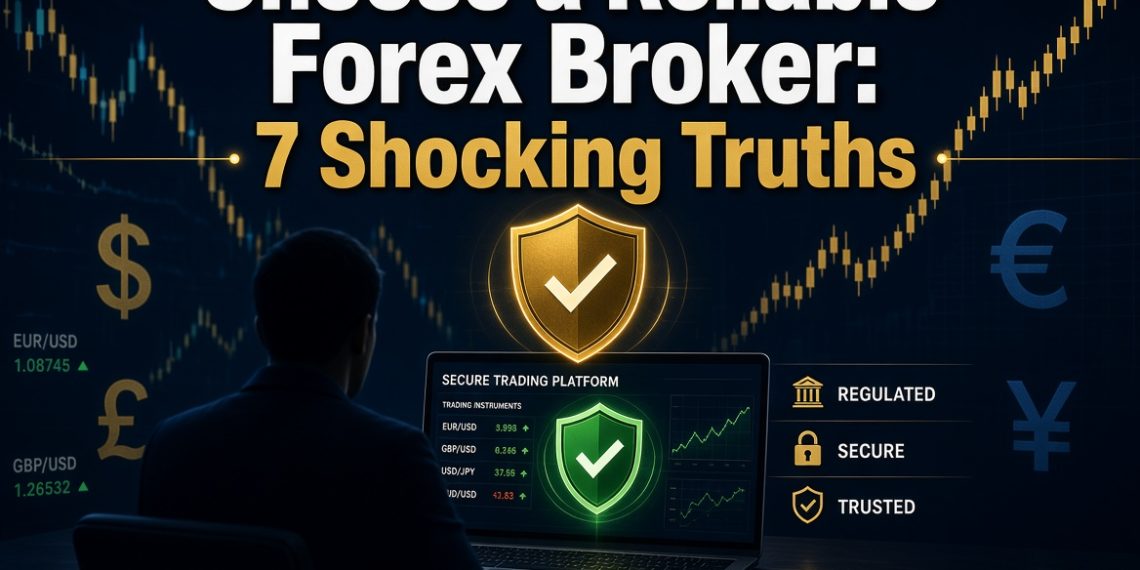 Professional trader reviewing a secure forex trading platform with green shield icons, currency symbols and the title “Choose a Reliable Forex Broker: 7 Shocking Truths”
