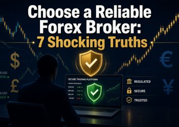 Professional trader reviewing a secure forex trading platform with green shield icons, currency symbols and the title “Choose a Reliable Forex Broker: 7 Shocking Truths”