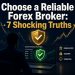 Professional trader reviewing a secure forex trading platform with green shield icons, currency symbols and the title “Choose a Reliable Forex Broker: 7 Shocking Truths”
