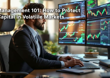 Man analyzing trading charts at a desk with the headline “Risk Management 101: How to Protect Your Capital in Volatile Markets”