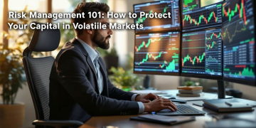 Man analyzing trading charts at a desk with the headline “Risk Management 101: How to Protect Your Capital in Volatile Markets”
