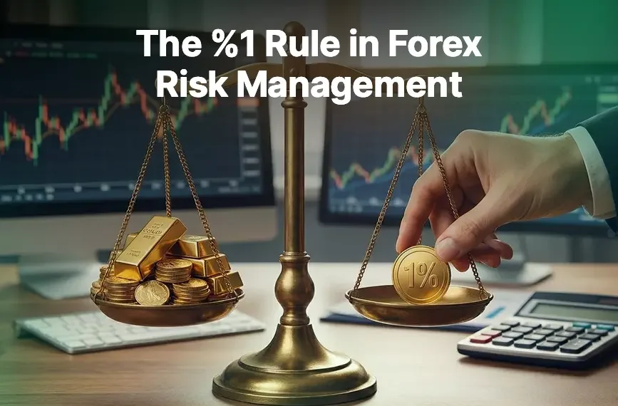 The 1% Rule: How Much Should You Risk Per Trade? – balance scale with gold and 1% coin