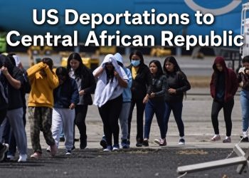 Group of migrants on airport tarmac with text “US Deportations to Central African Republic”