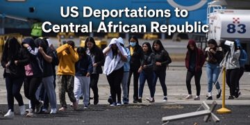 Group of migrants on airport tarmac with text “US Deportations to Central African Republic”