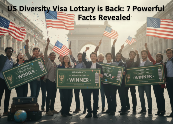 A diverse group of joyful people holding large US Diversity Visa Lottery winner signs and waving American flags in an urban square with confetti falling around them.
