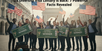A diverse group of joyful people holding large US Diversity Visa Lottery winner signs and waving American flags in an urban square with confetti falling around them.