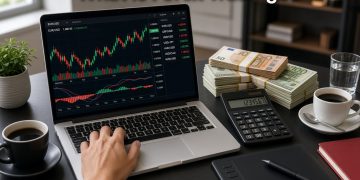Laptop showing forex charts with currency stacks, calculator, and coffee on a desk – What Is Forex Trading?
